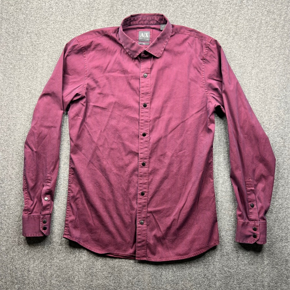 Armani Exchange Shirt Mens Medium Burgundy Snap Button Slim Fit Micro Stripe